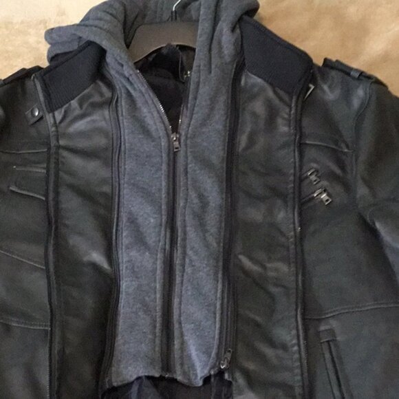 Dark gray Leather Look Jacket with Hood - Picture 4 of 10